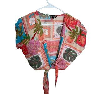Club Z Collection Blouse Women's Small Colorful Artsy Tie Summer Resort Top
